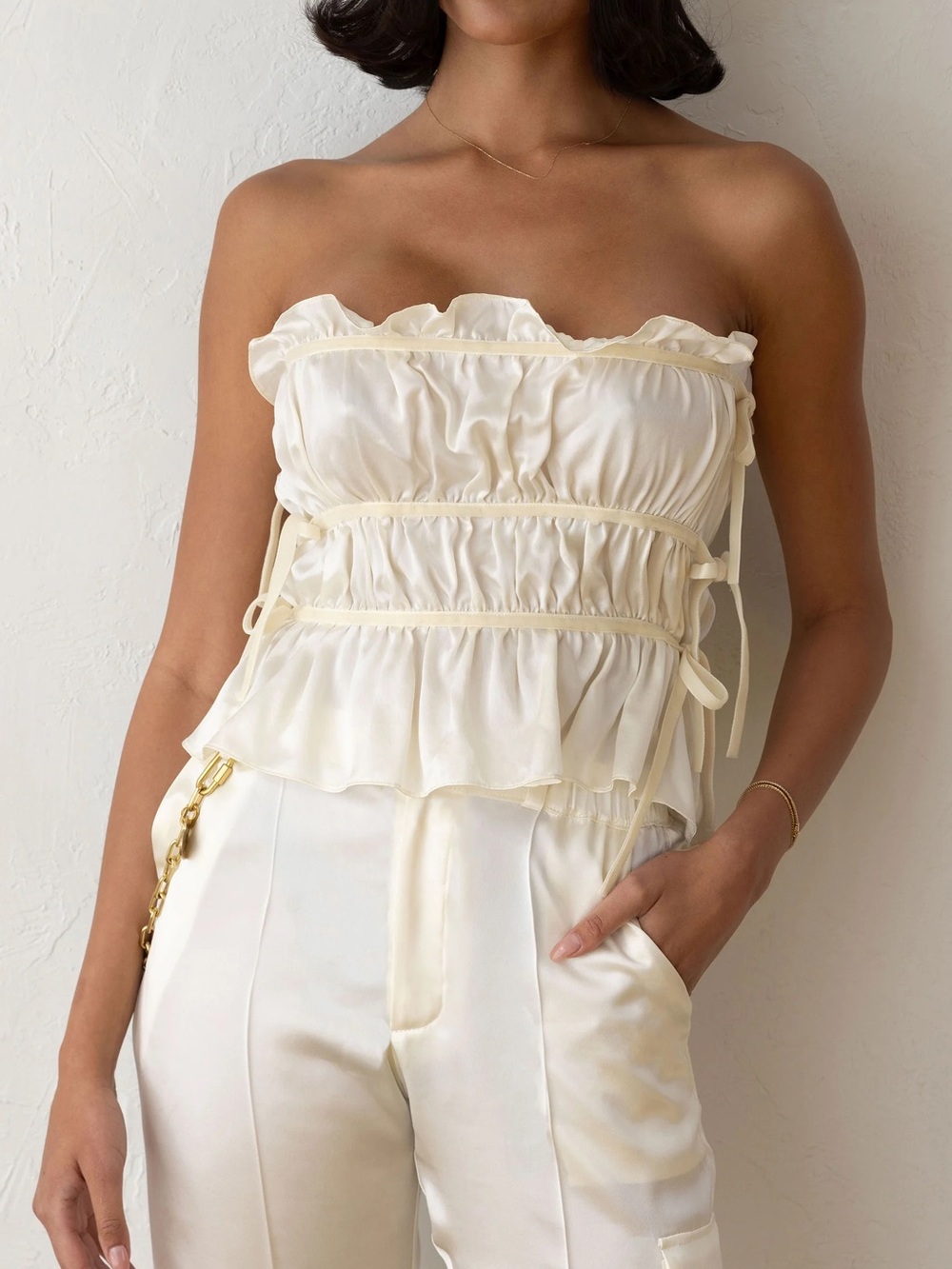 Kait Macleod Lille Top Strapless silk Ruffled Satin Cami Top in Cream
